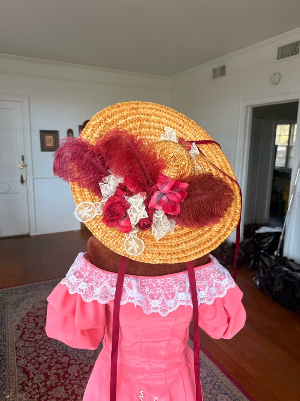 Vintage Straw Wide-Brim Hat with Red Ostrich Feather & Rose Trim